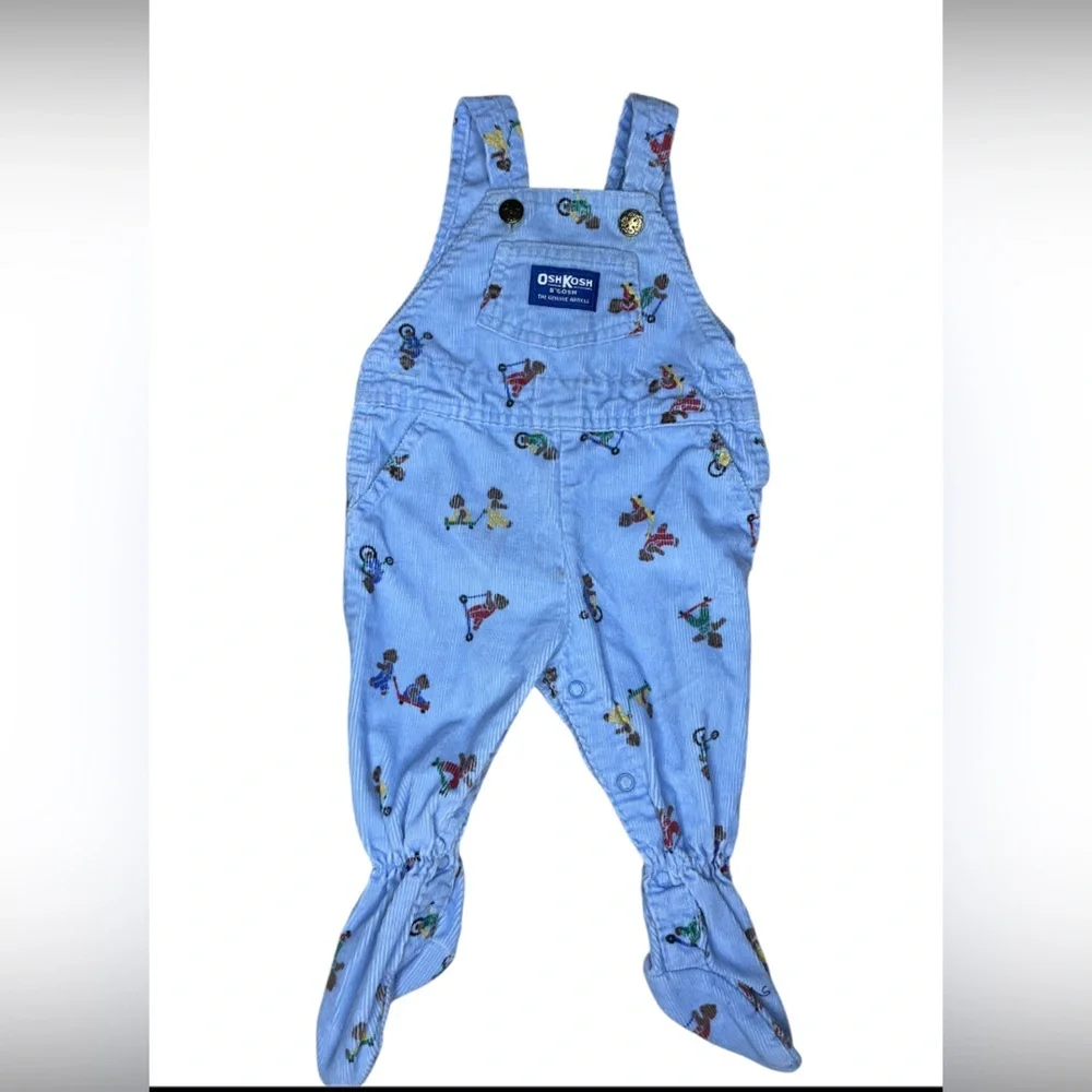 Rare vintage OshKosh B'gosh Light Blue Kids Footie with Fun bear Print size 3-6M